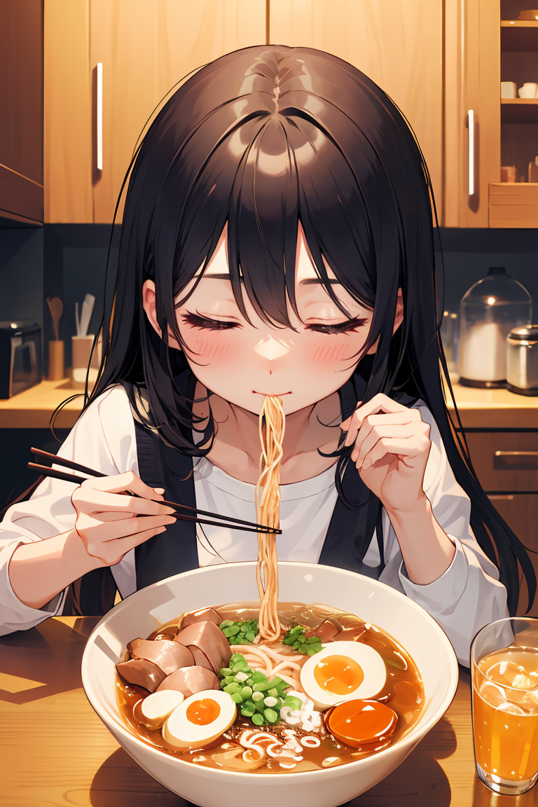 393968-1733949647-(masterpiece, best quality), 1girl, solo, cute face, kawaii, ramen, chopsticks, drinking glass, eating, heart, happy, closed eye.png